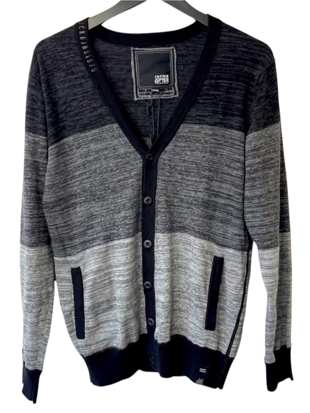 NWT Jack & Jones Grey/Black Cotton V-Neck Button Front Cardigan (S)